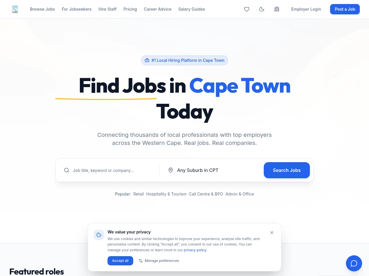 Cape Town Jobs job board platform screenshot showing job search interface