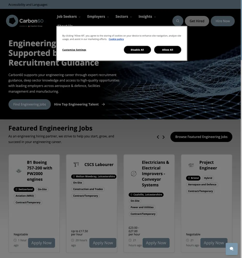 Carbon60 job board platform screenshot showing job search interface
