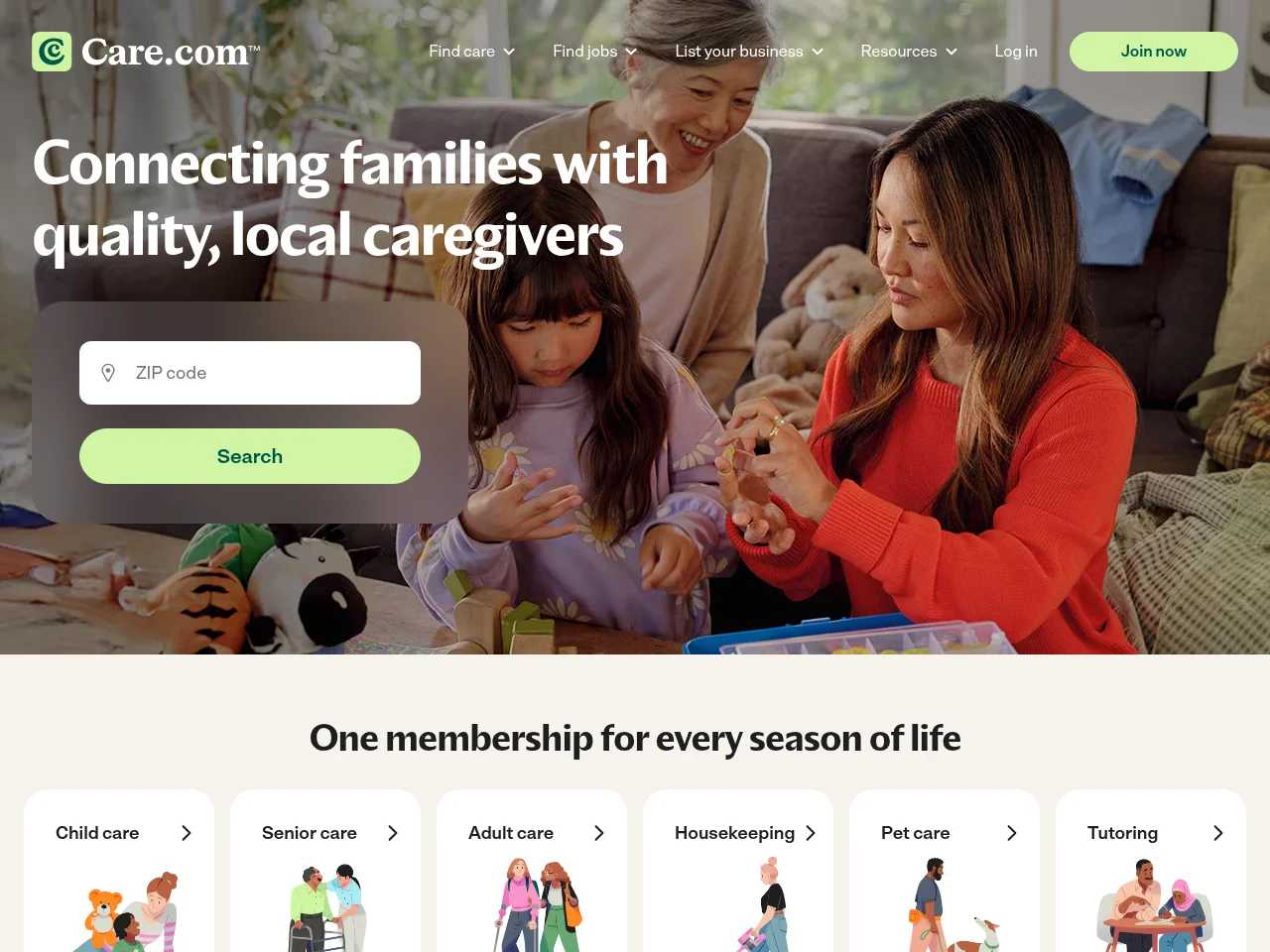 Care.com job board platform screenshot showing job search interface