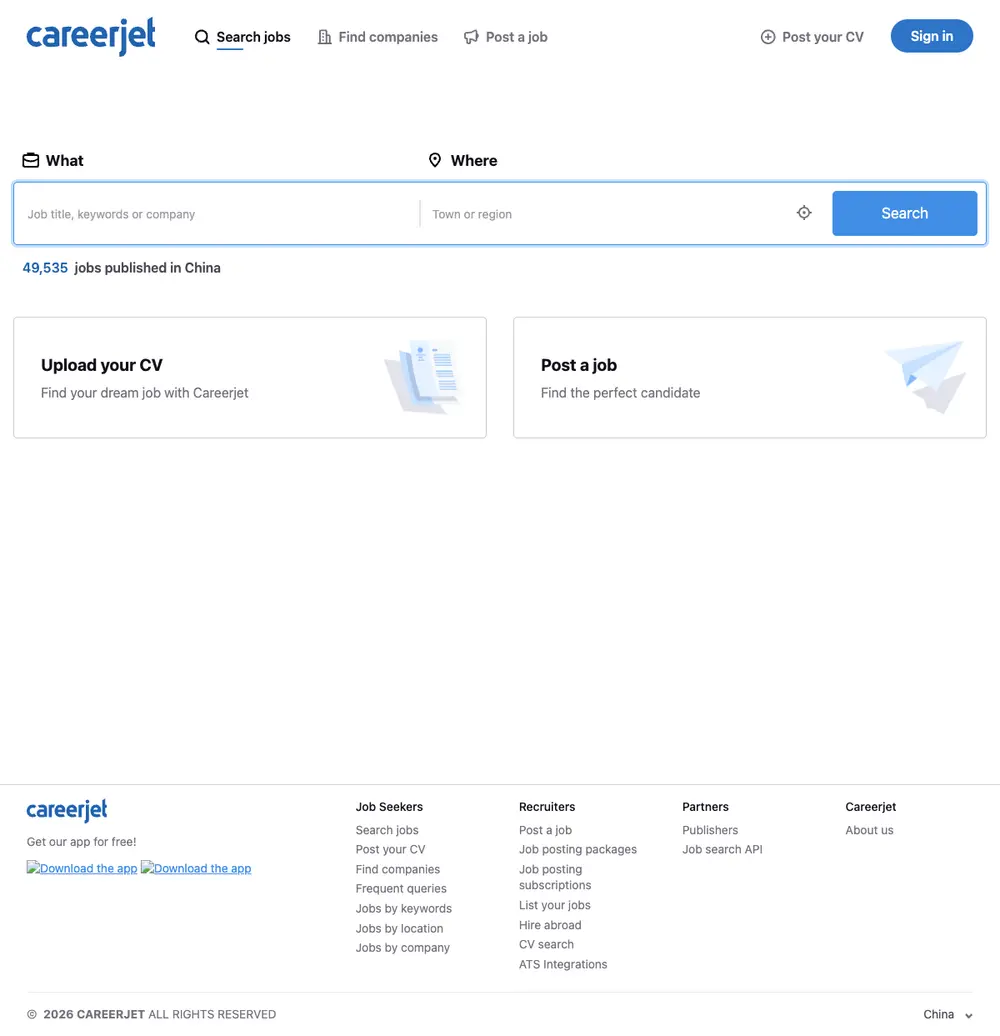 Careerjet.cn job board platform screenshot showing job search interface