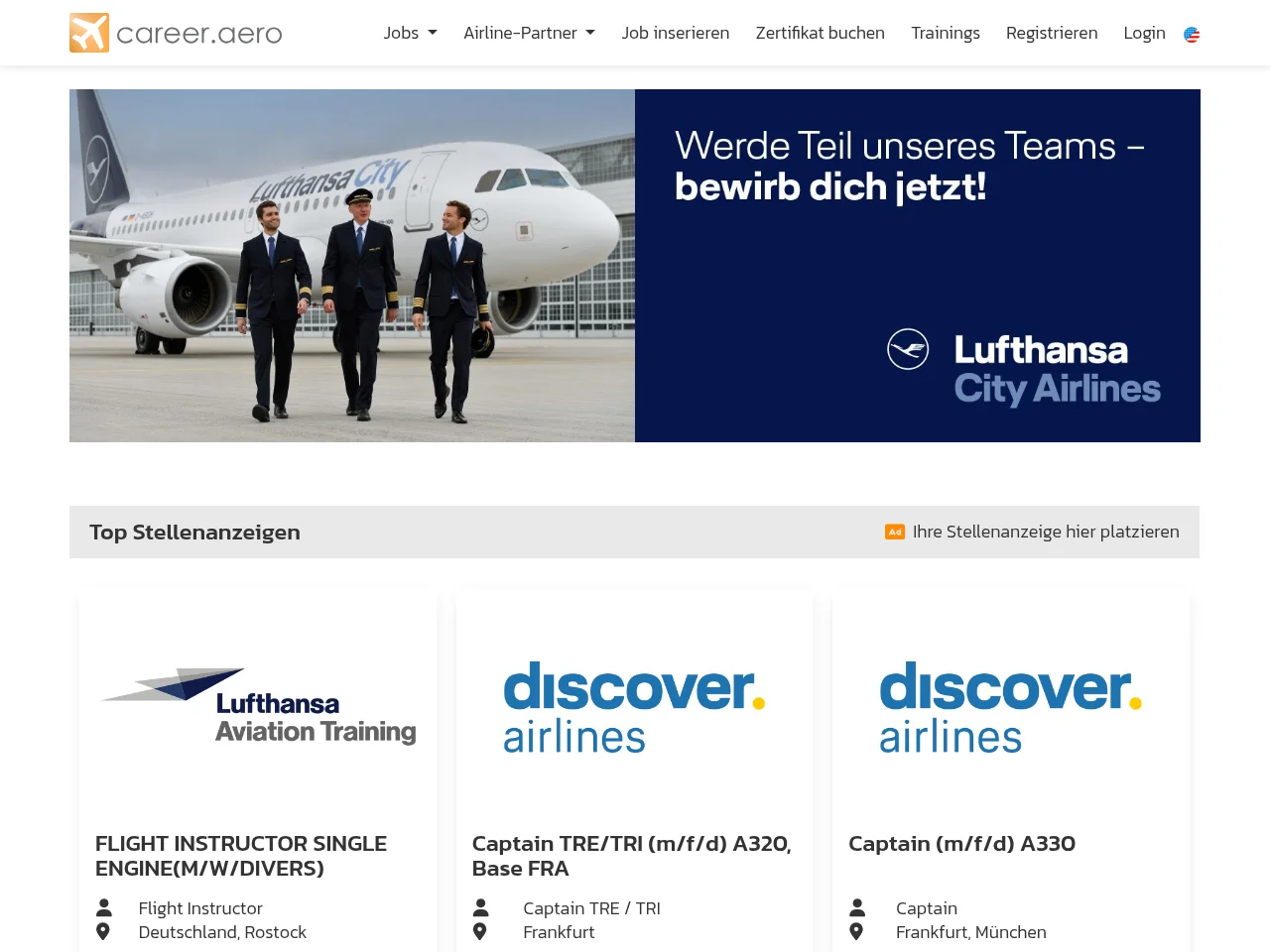 Career.aero job board platform screenshot showing job search interface
