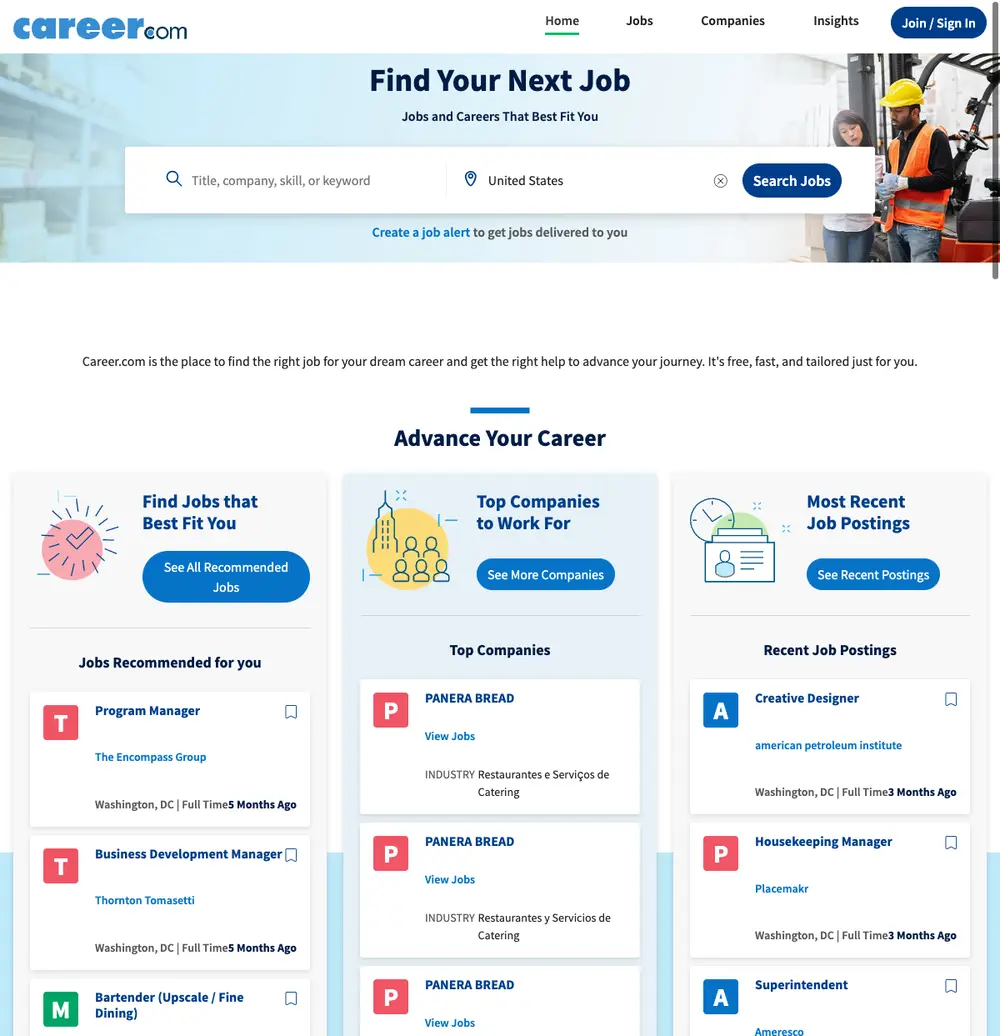 Career.com job board platform screenshot showing job search interface