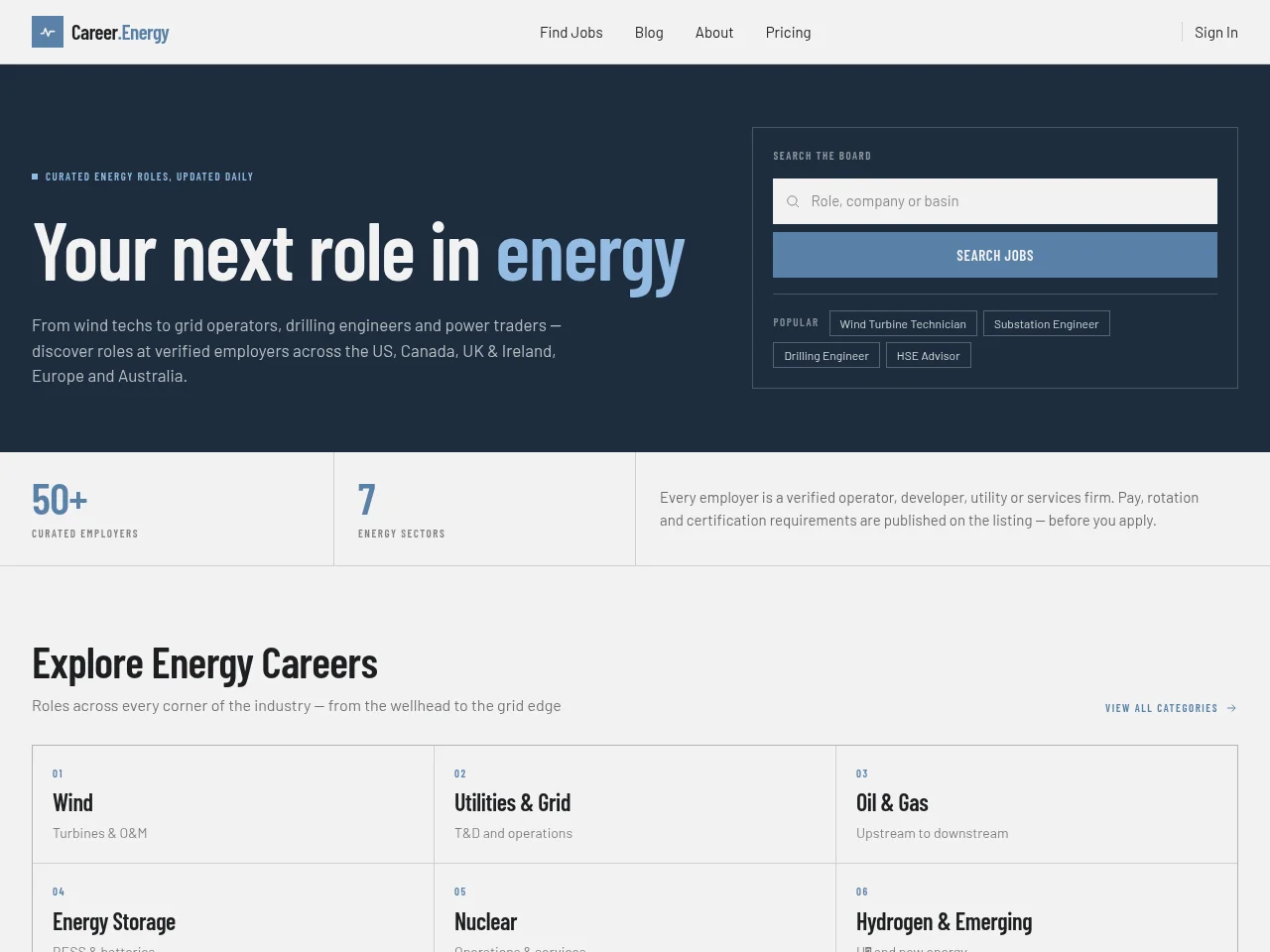 Career.Energy job board platform screenshot showing job search interface