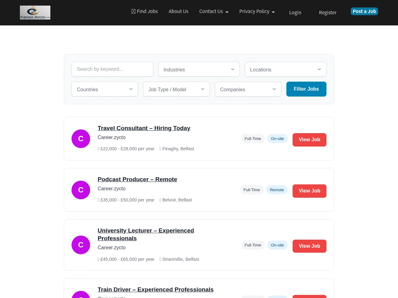 Zycto Careers job board platform screenshot showing job search interface