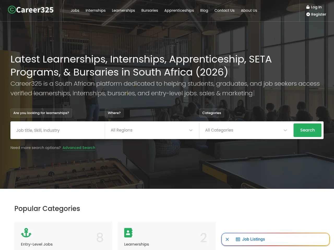Career325 job board platform screenshot showing job search interface