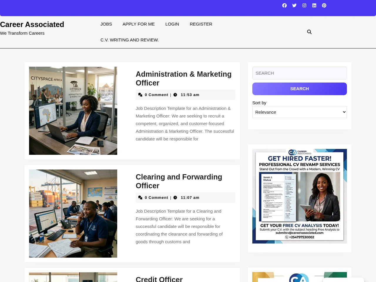 Career Associated job board platform screenshot showing job search interface