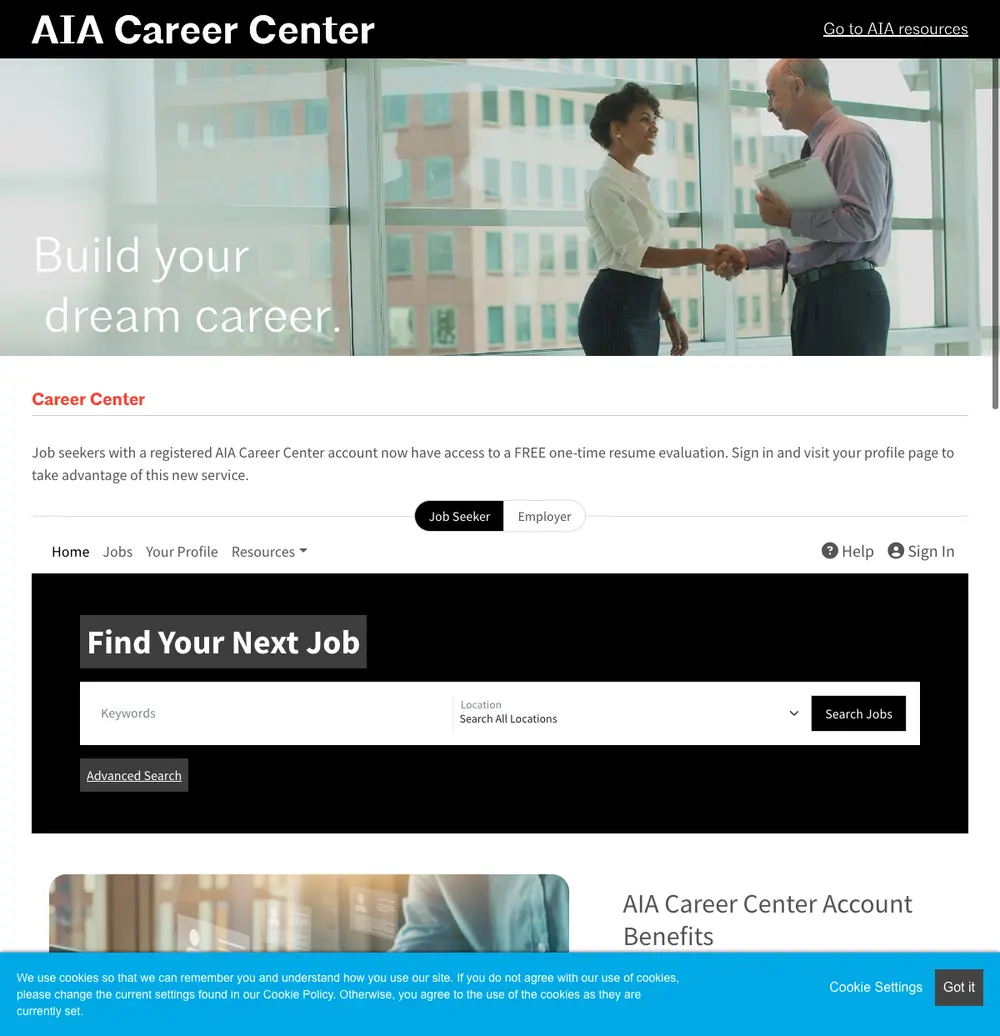 AIA Career Center job board platform screenshot showing job search interface