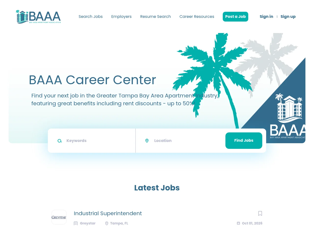 Bay Area Apartment Association Career Center job board platform screenshot showing job search interface