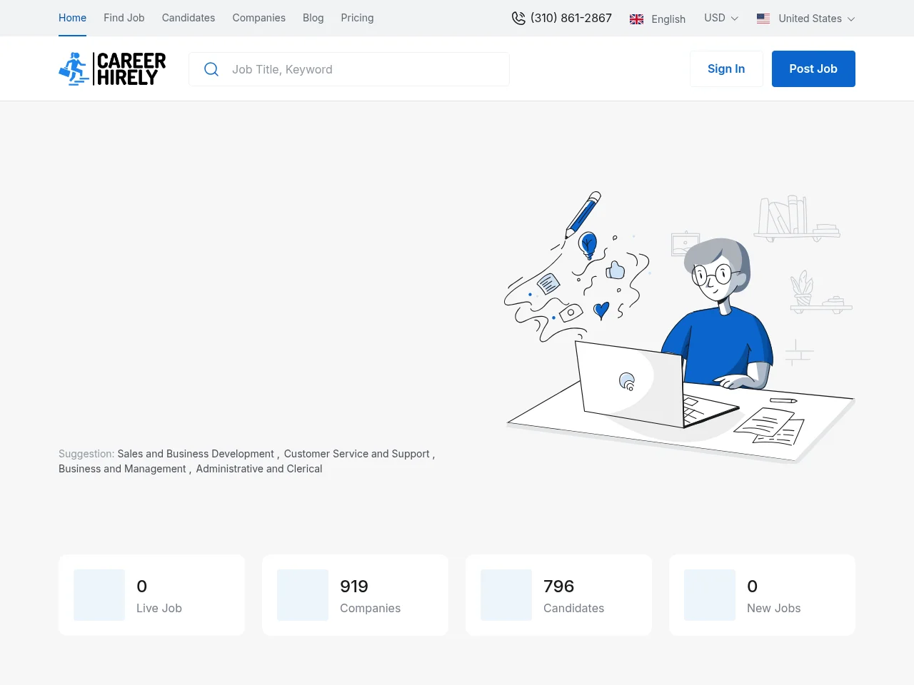 CareerHirely job board platform screenshot showing job search interface