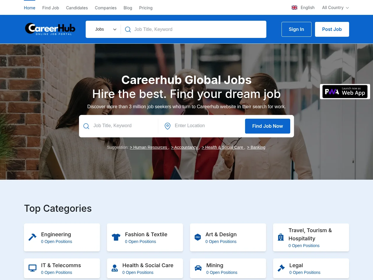 Careerhub Global screenshot Careerhub Global job board platform screenshot showing job search interface