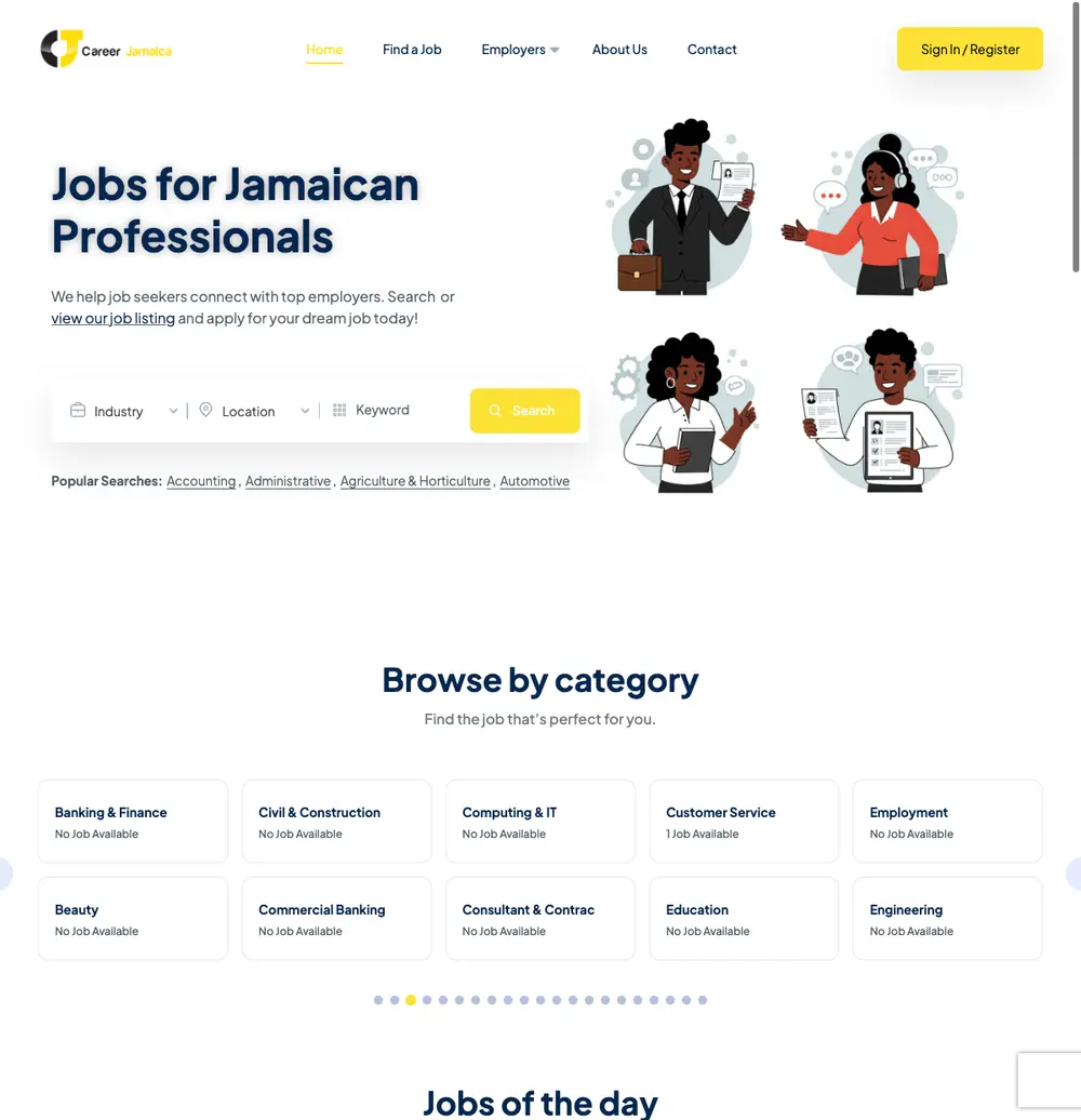 Career Jamaica job board platform screenshot showing job search interface