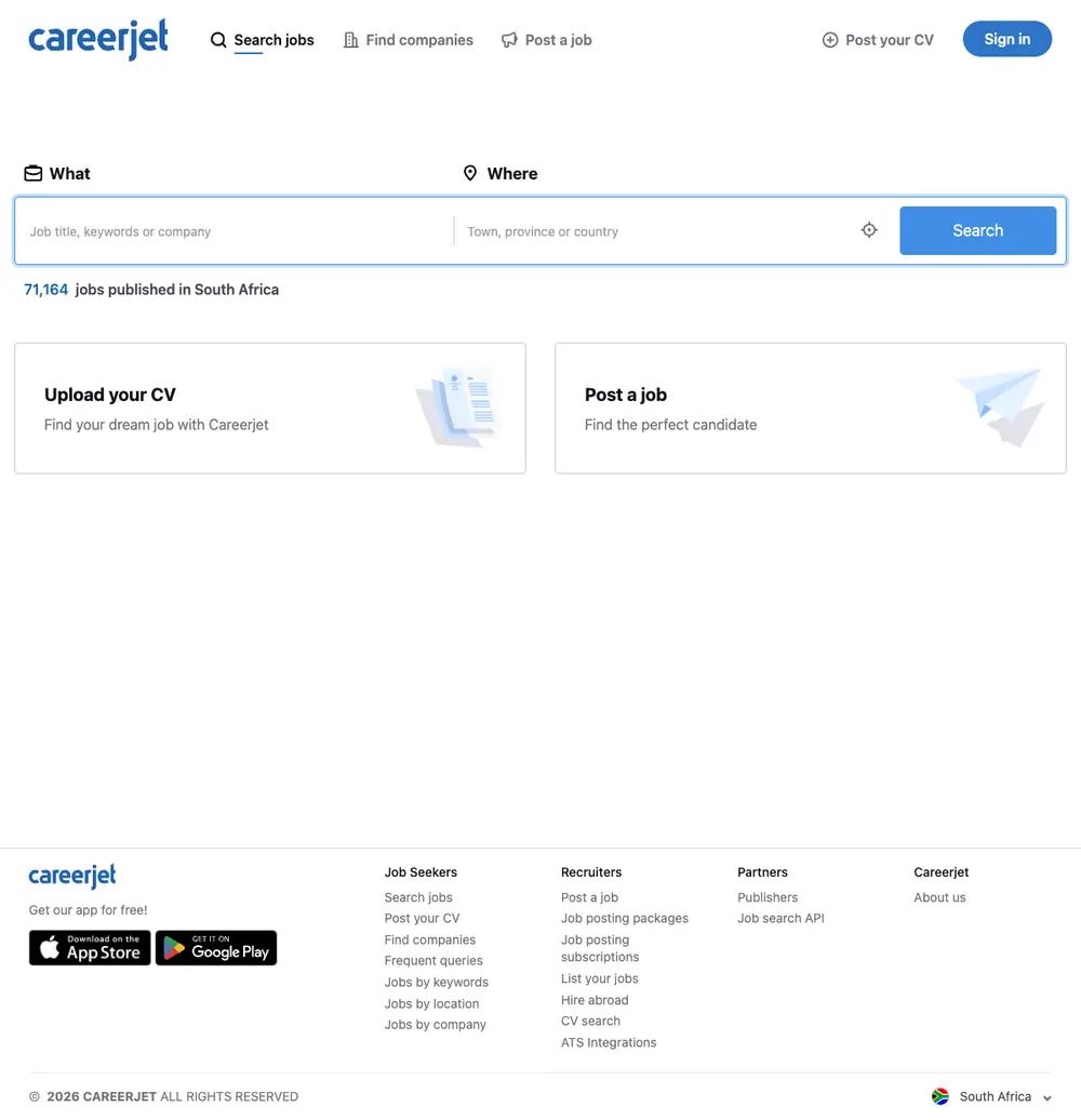 Careerjet job board platform screenshot showing job search interface