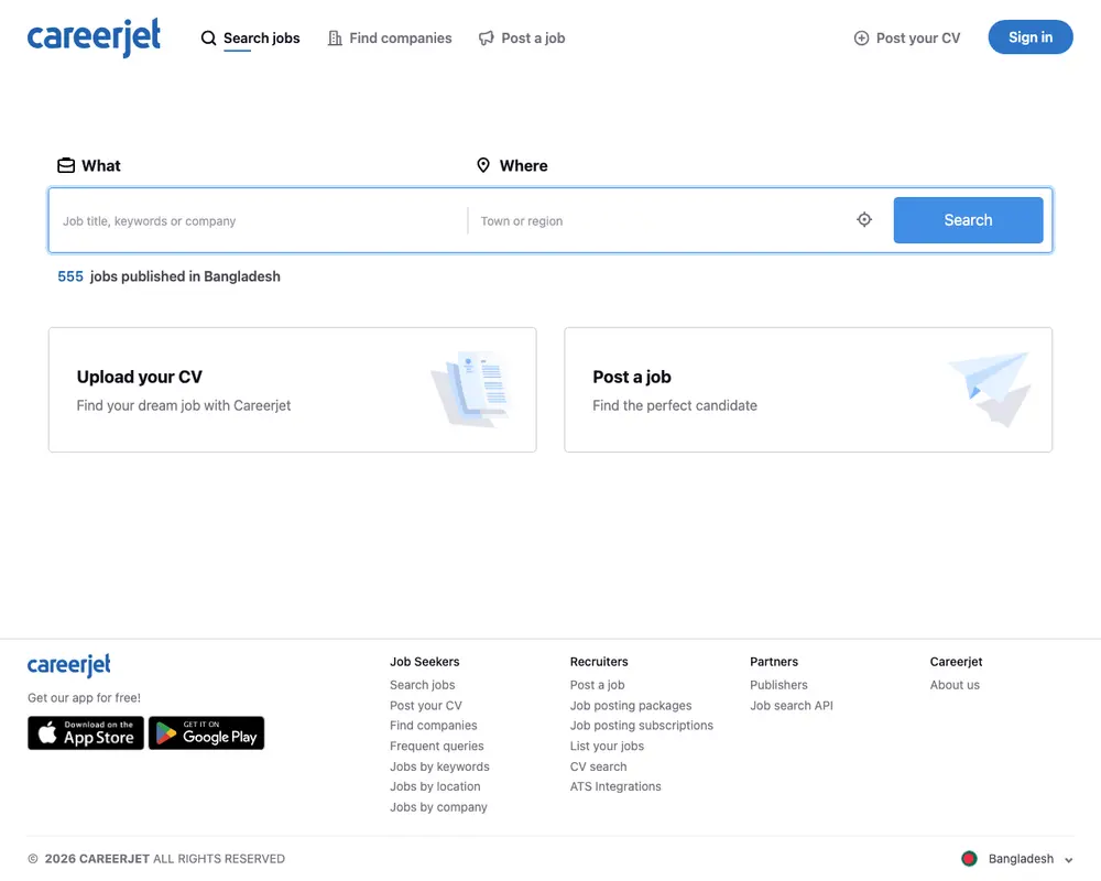 Careerjet.com.bd job board platform screenshot showing job search interface