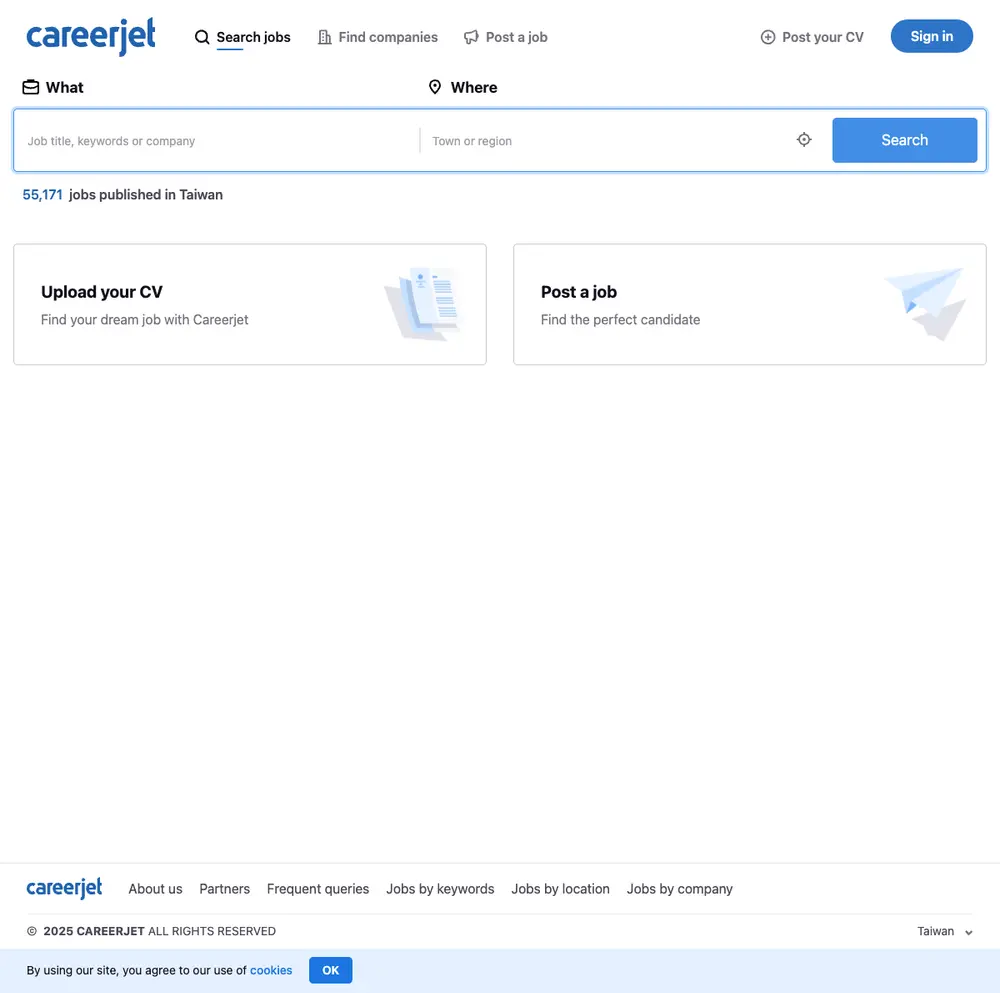 Careerjet.tw job board platform screenshot showing job search interface