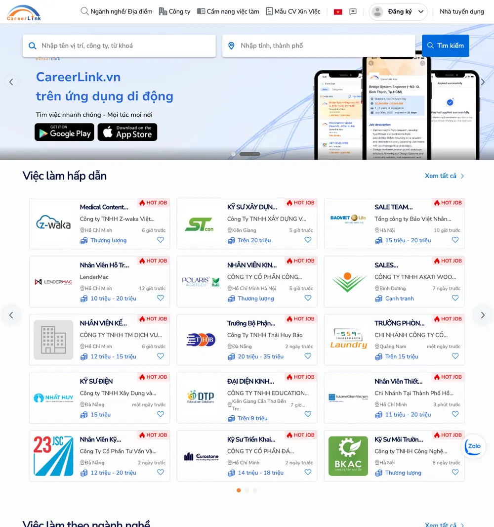 CareerLink.vn job board platform screenshot showing job search interface