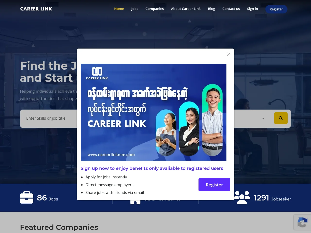 Career Link Myanmar job board platform screenshot showing job search interface