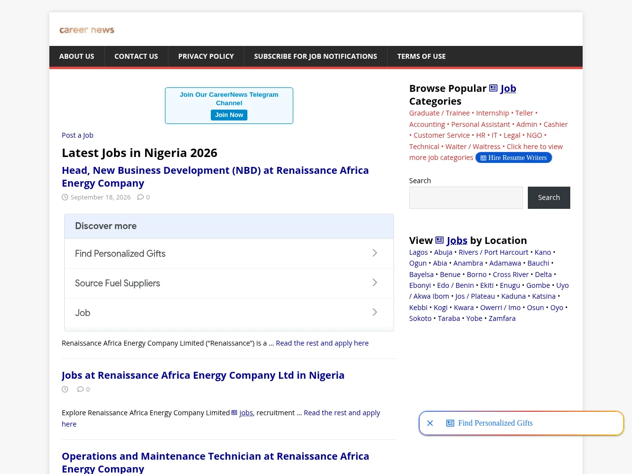 Careernews.ng job board platform screenshot showing job search interface