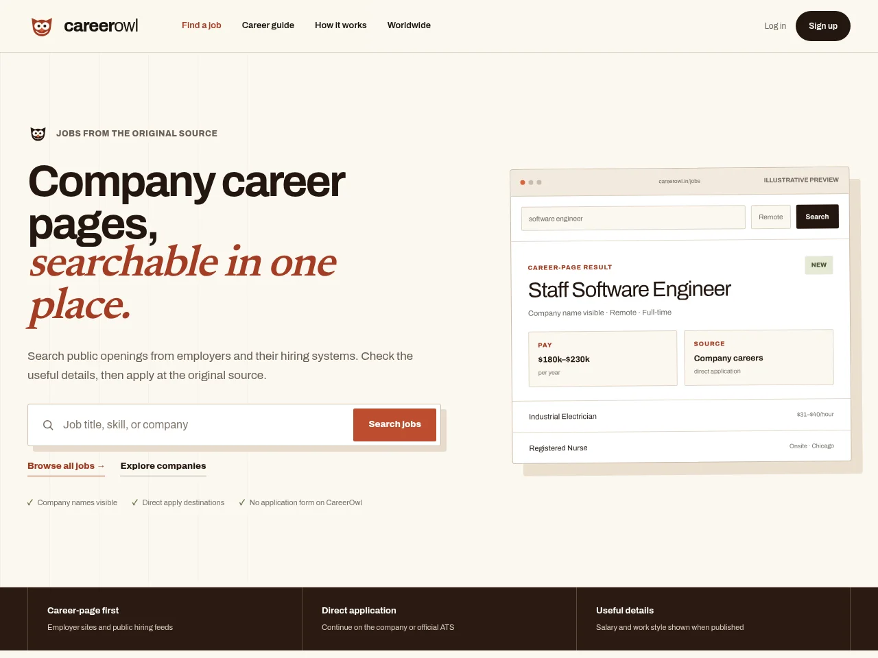 CareerOwl screenshot CareerOwl job board platform screenshot showing job search interface