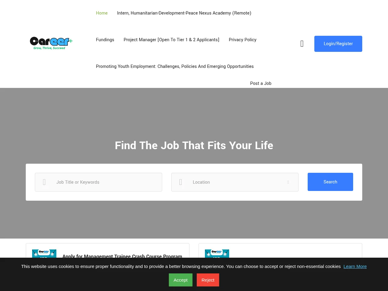 CareerPlus Africa job board platform screenshot showing job search interface