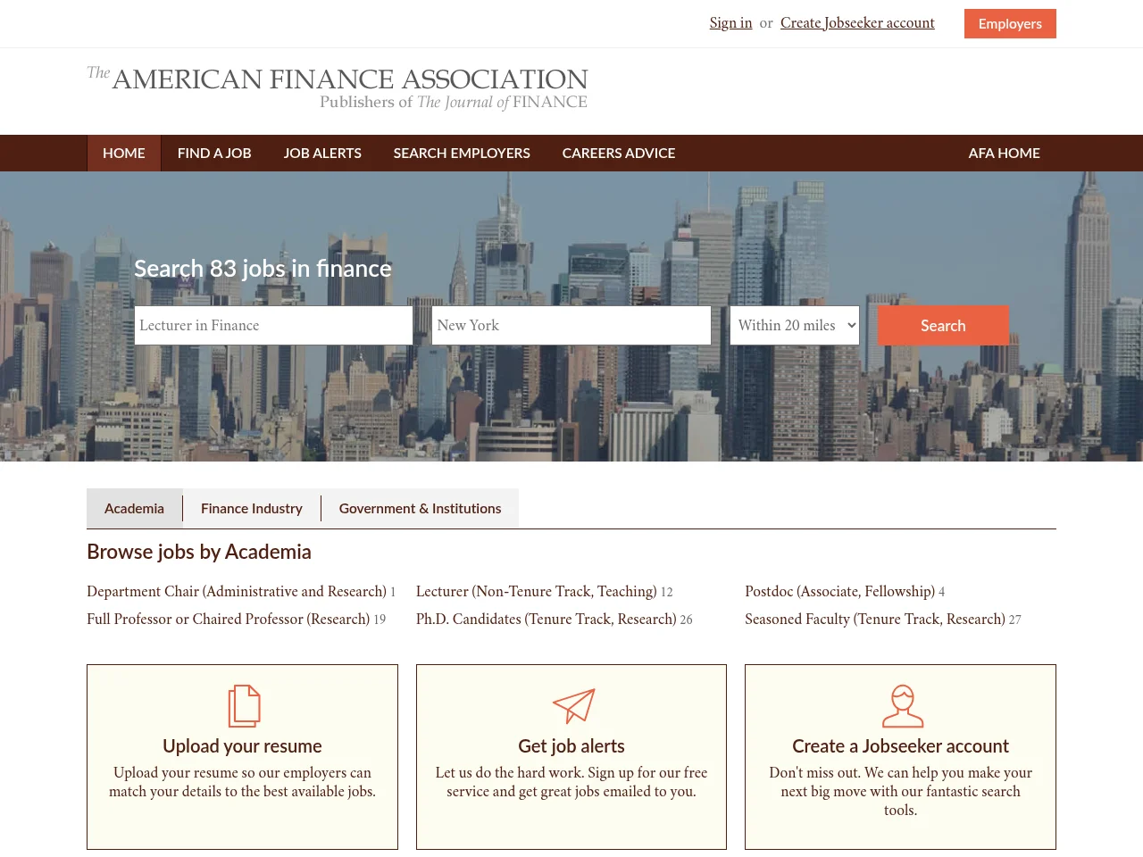 AFA Careers in Finance and Economics job board platform screenshot showing job search interface
