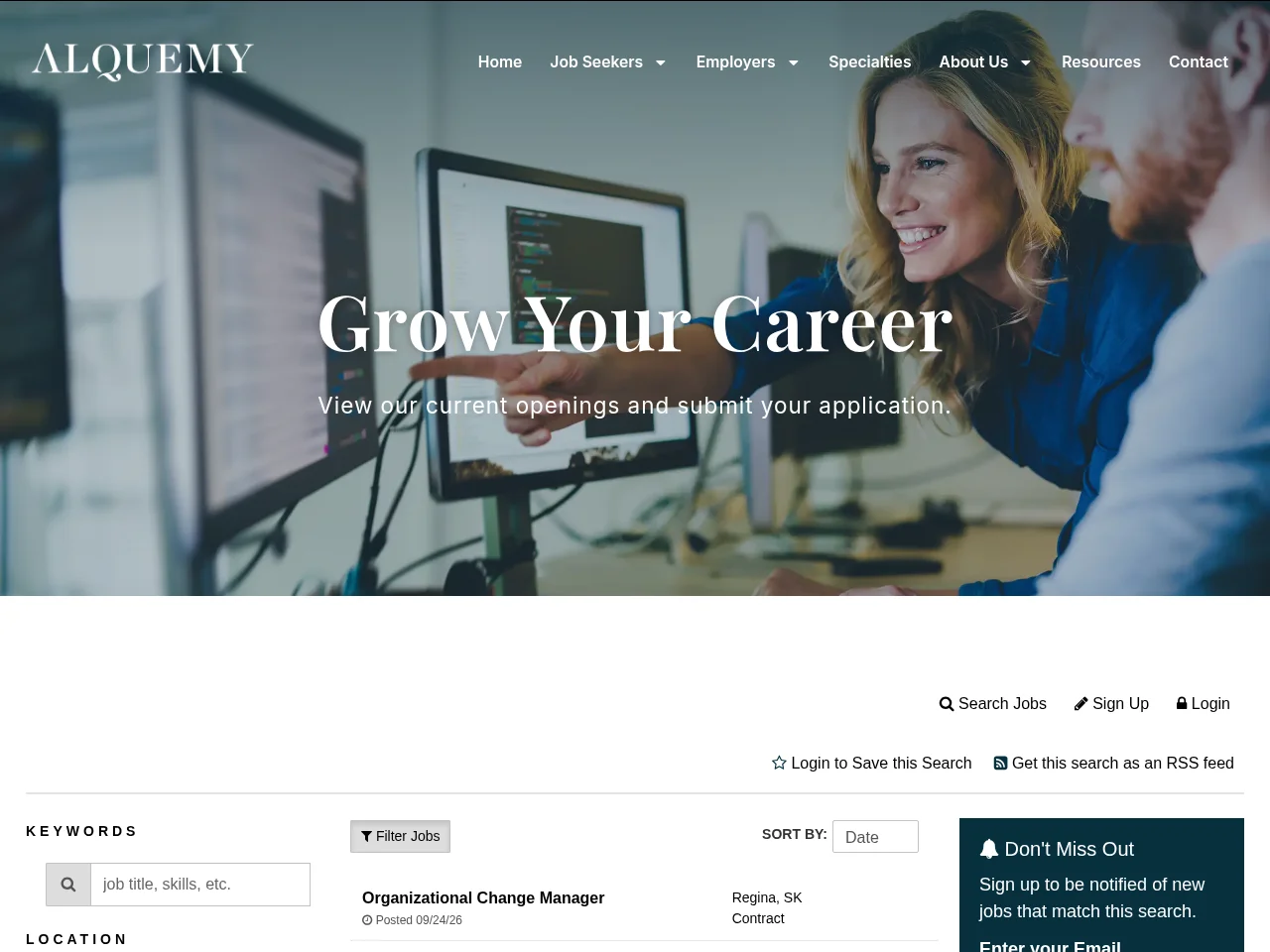 Alquemy job board platform screenshot showing job search interface