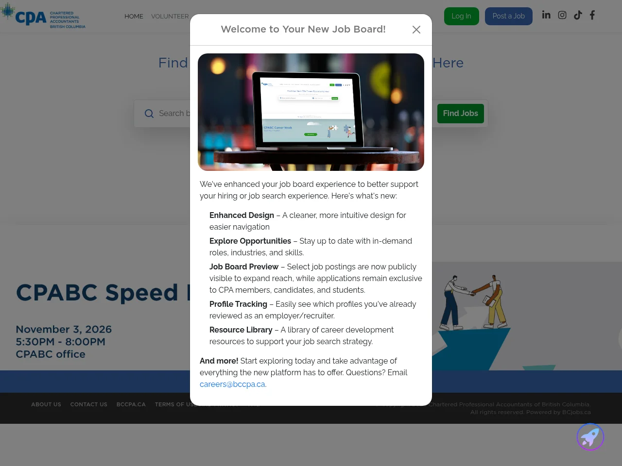 CPABC Careers Site job board platform screenshot showing job search interface