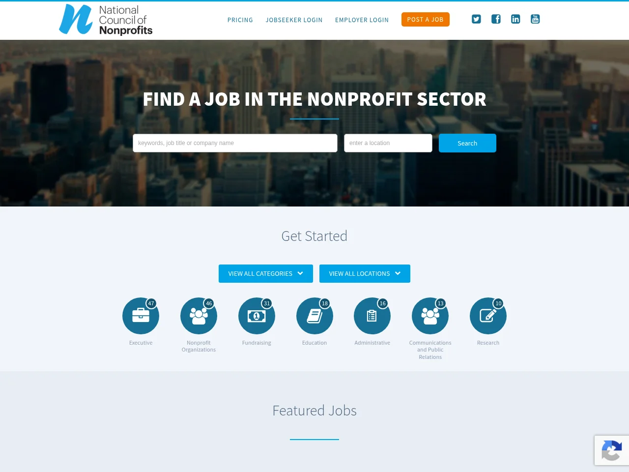 Nonprofit Jobs and Career Center job board platform screenshot showing job search interface