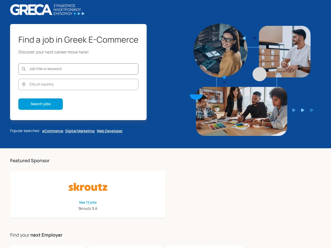 Careers with GRECA job board platform screenshot showing job search interface