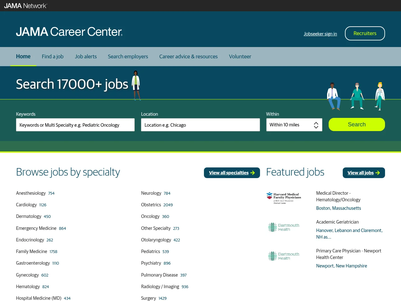 JAMA Career Center job board platform screenshot showing job search interface