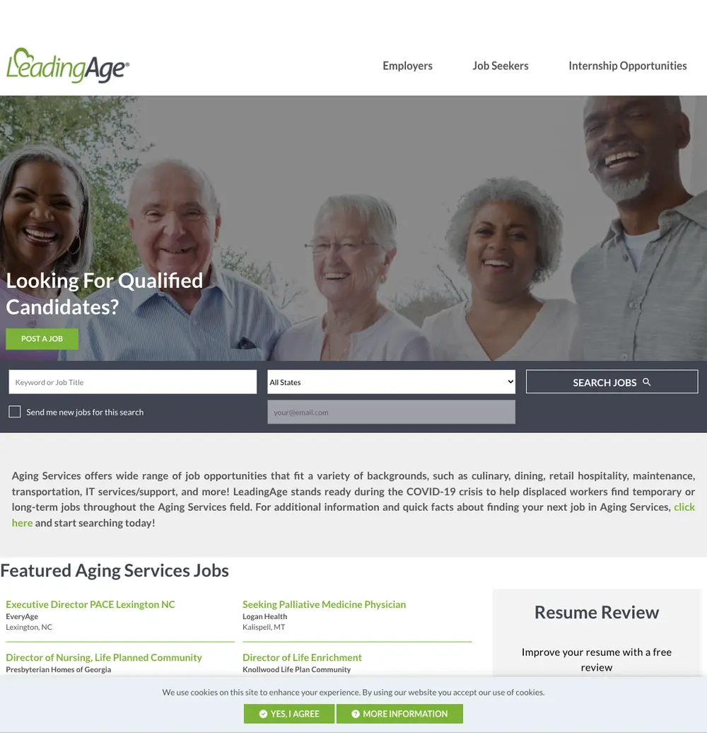 LeadingAge Careers job board platform screenshot showing job search interface