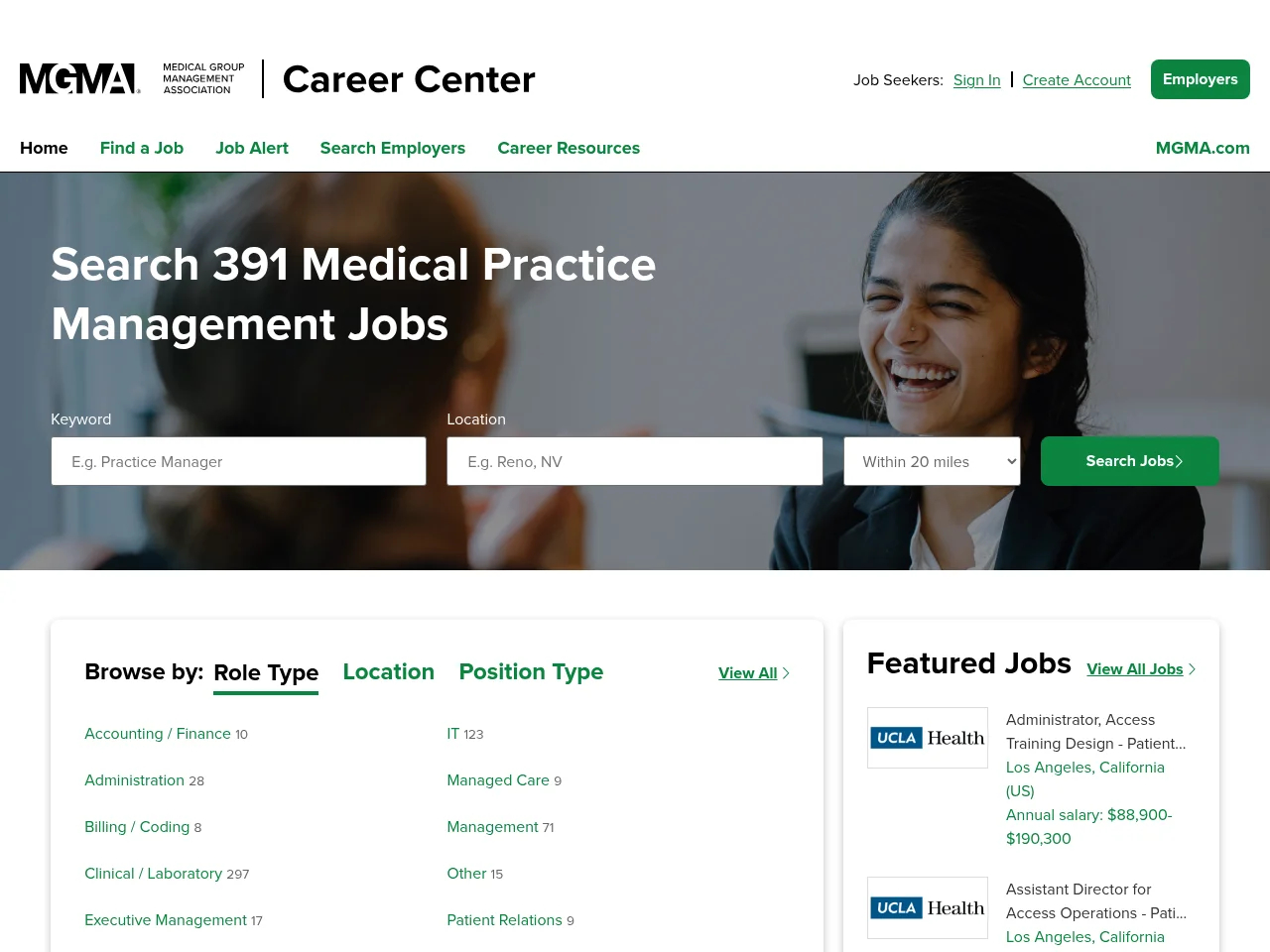 MGMA Career Center job board platform screenshot showing job search interface