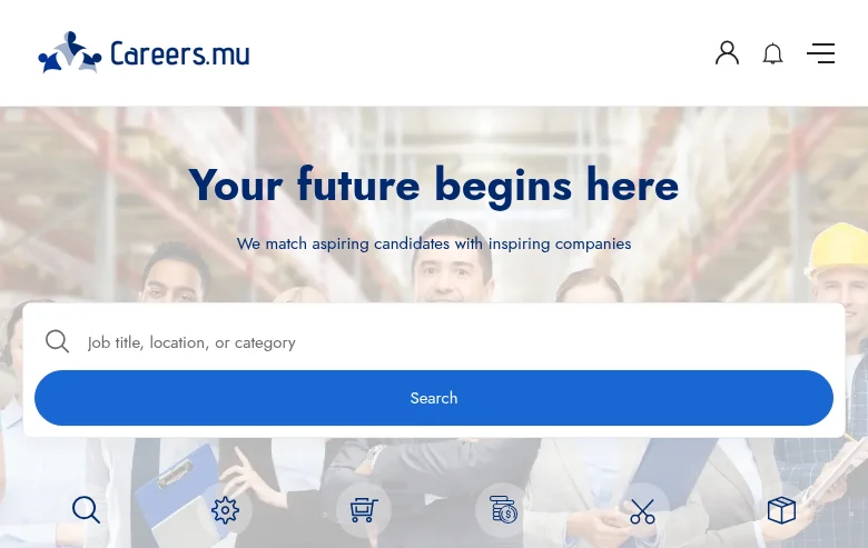 Careers.mu job board platform screenshot showing job search interface