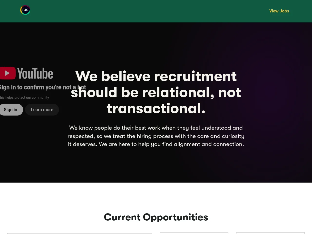 P4G Careers job board platform screenshot showing job search interface