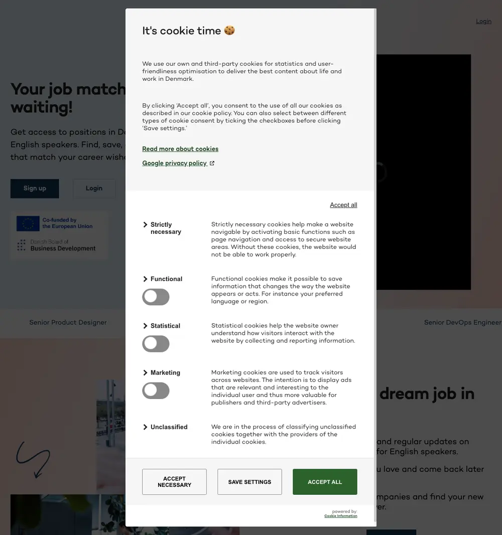 State of Denmark Careers job board platform screenshot showing job search interface