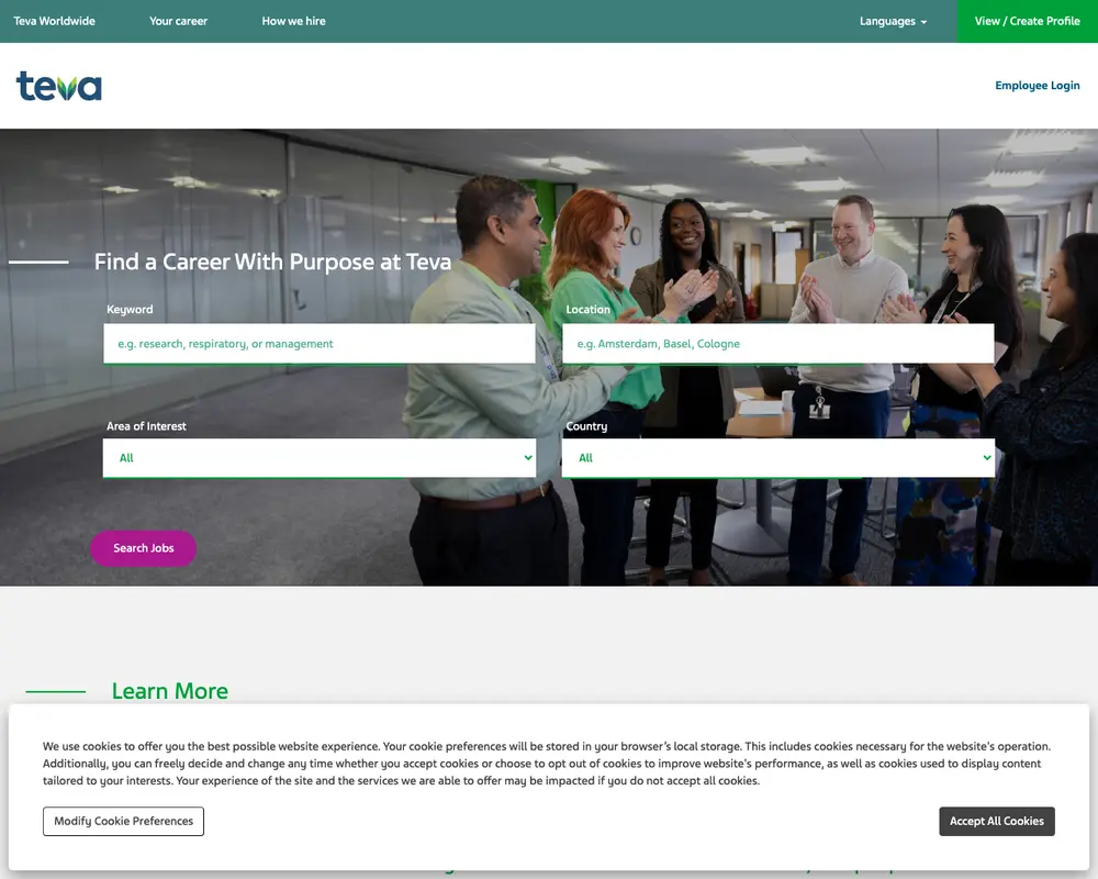 Teva Careers job board platform screenshot showing job search interface