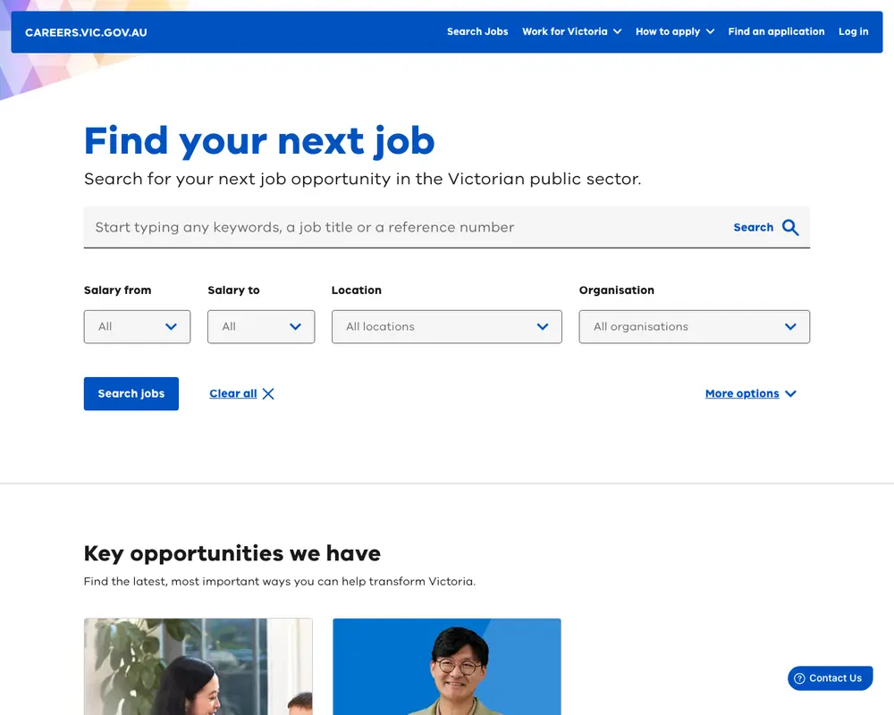 Careers Victoria screenshot Careers Victoria job board platform screenshot showing job search interface