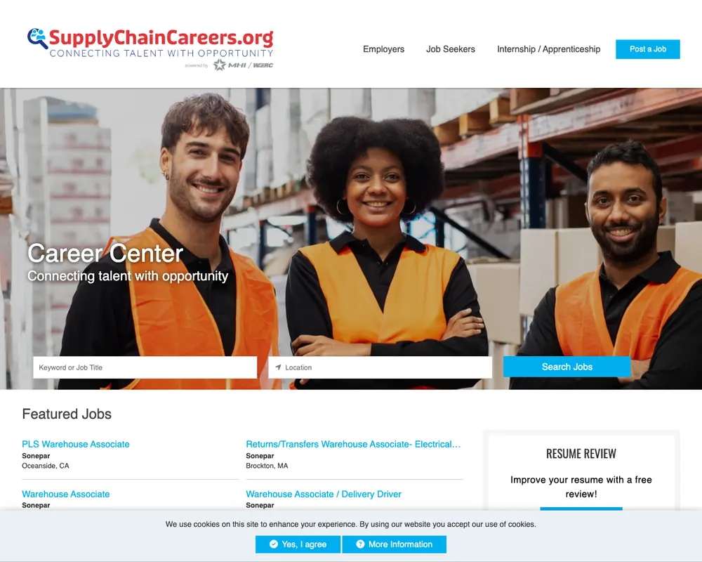 SupplyChainCareers powered by MHI/WERC job board platform screenshot showing job search interface
