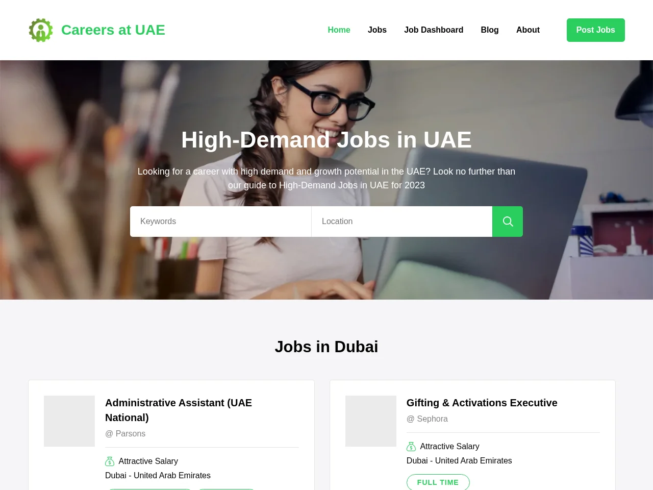 Careers at UAE job board platform screenshot showing job search interface