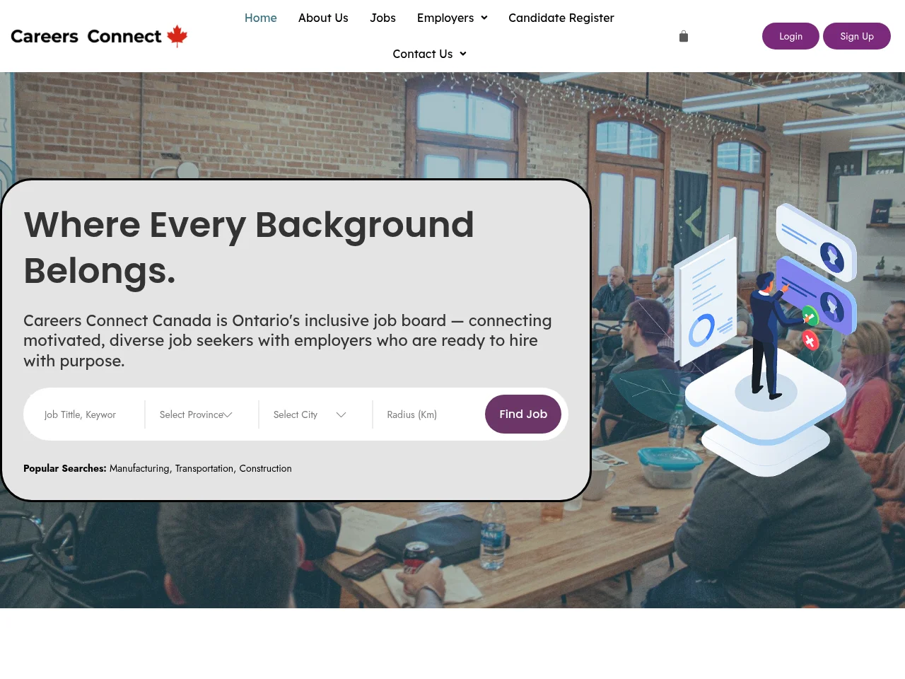Careers Connect Canada job board platform screenshot showing job search interface