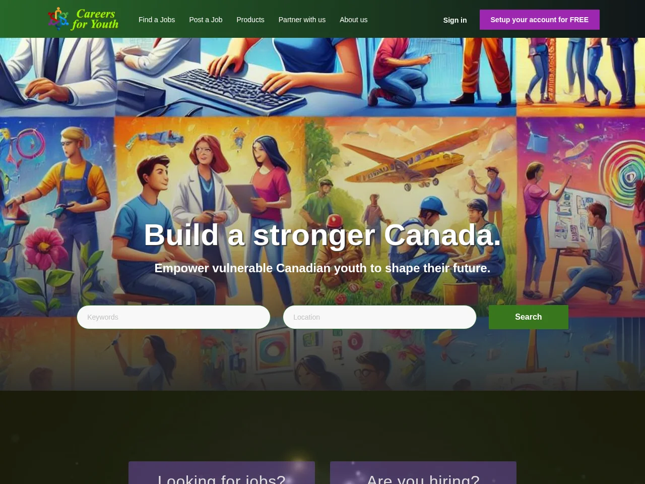 Careers for Youth job board platform screenshot showing job search interface