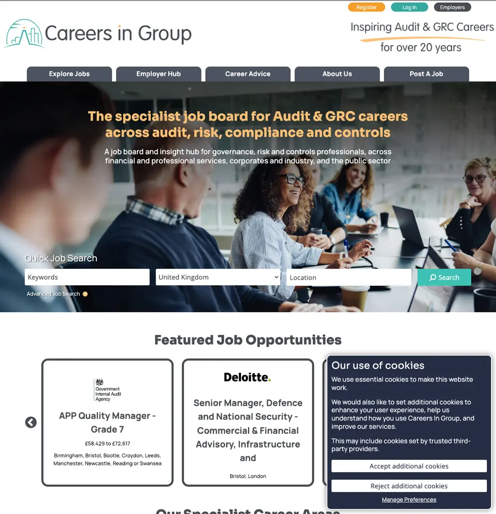 CareersinAudit.com job board platform screenshot showing job search interface