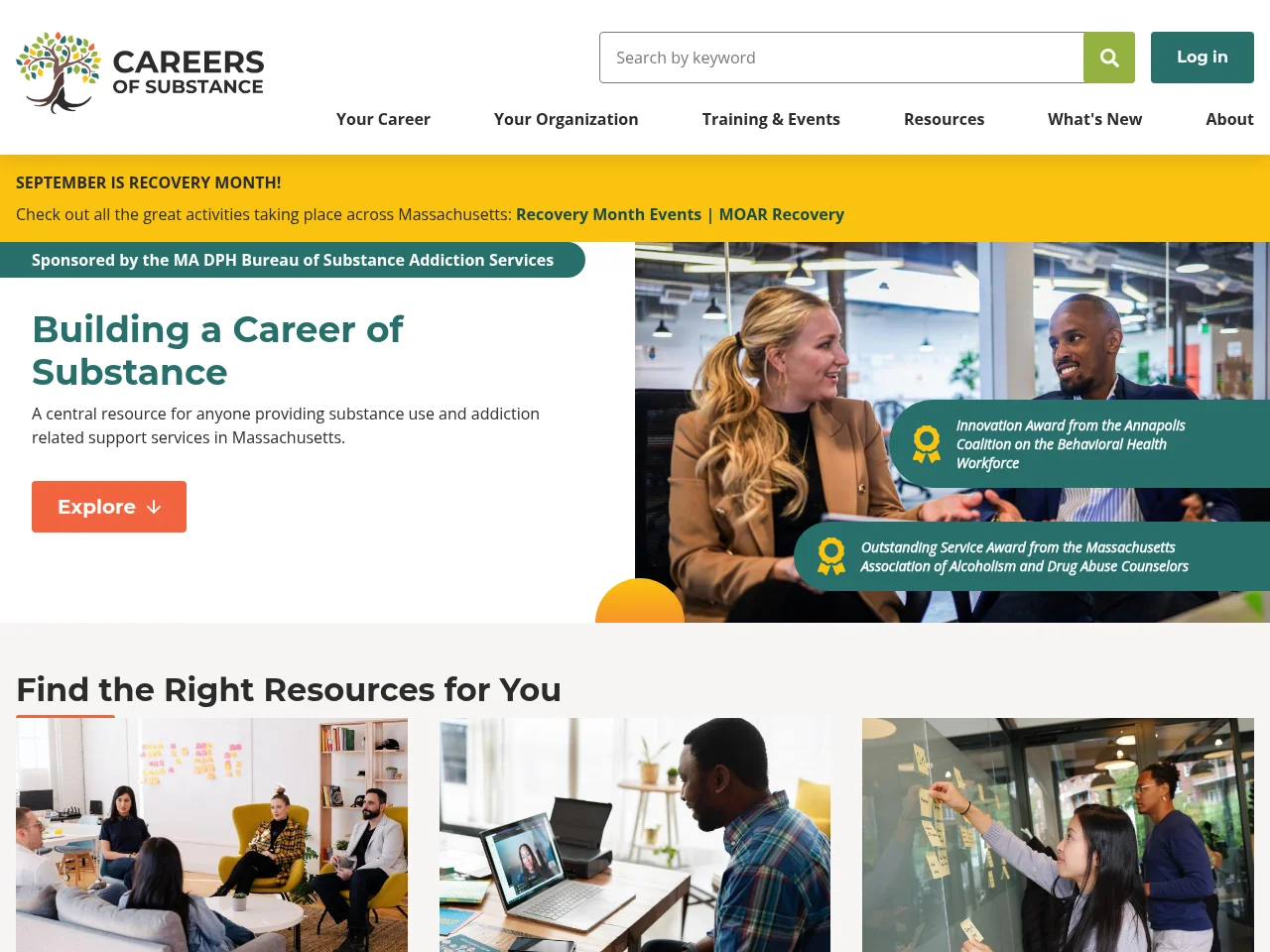 Careers of Substance job board platform screenshot showing job search interface
