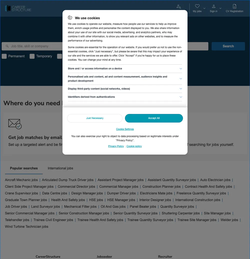 CareerStructure.com job board platform screenshot showing job search interface