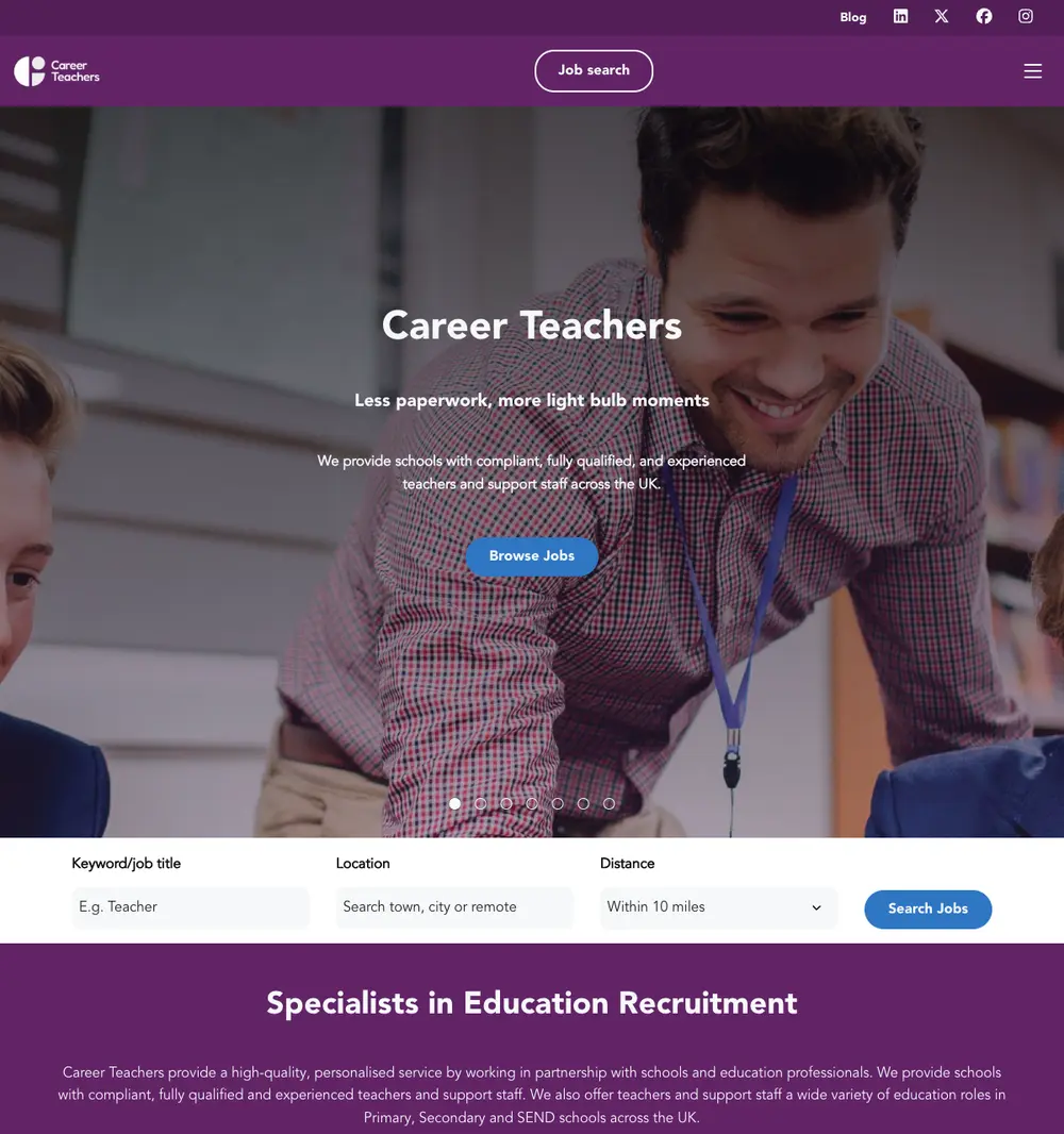 Career Teachers job board platform screenshot showing job search interface