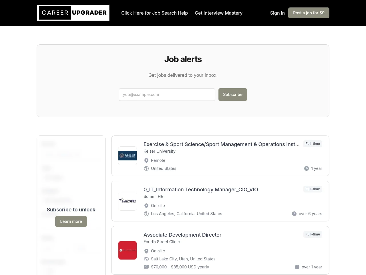 Career Upgrader Jobs job board platform screenshot showing job search interface