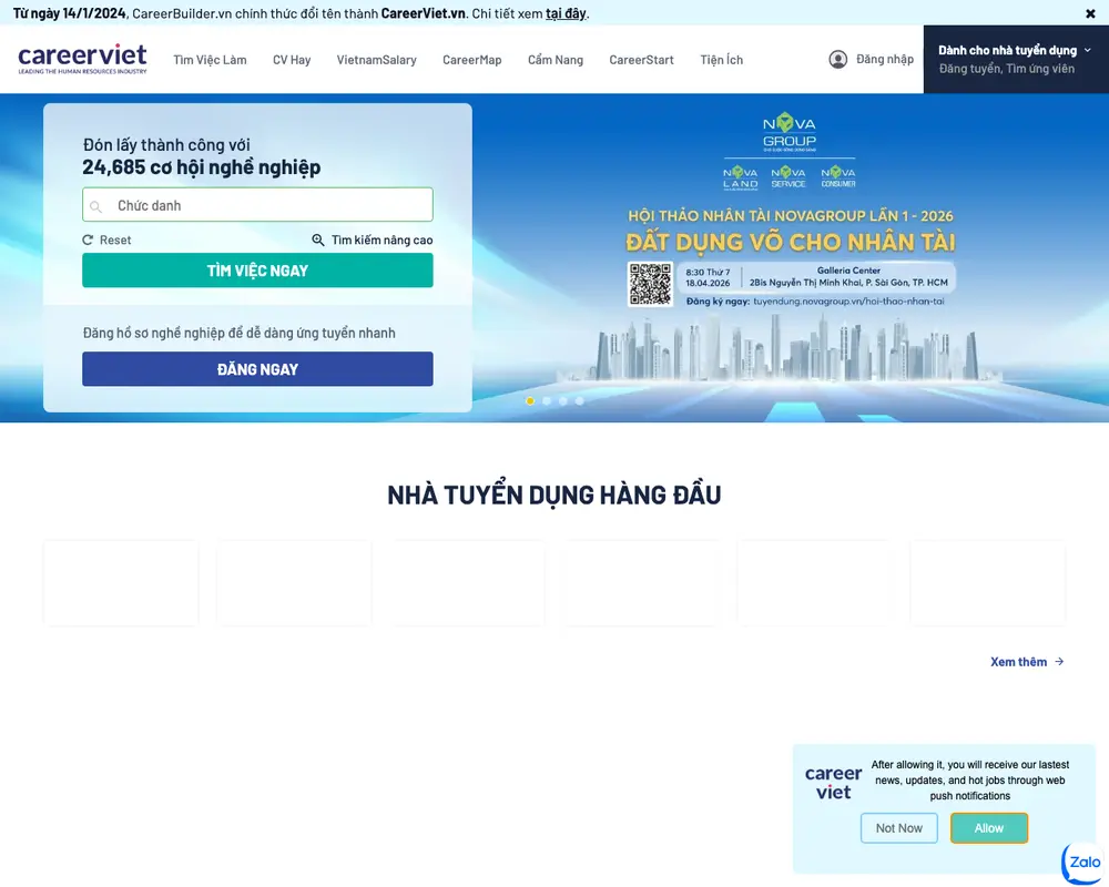 CareerViet job board platform screenshot showing job search interface