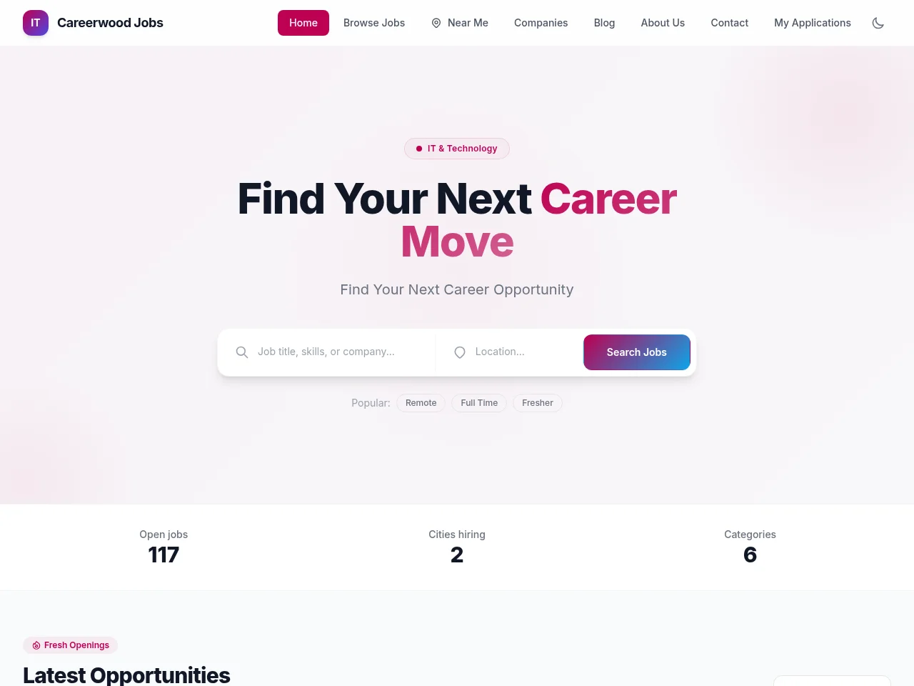 Careerwood Jobs job board platform screenshot showing job search interface