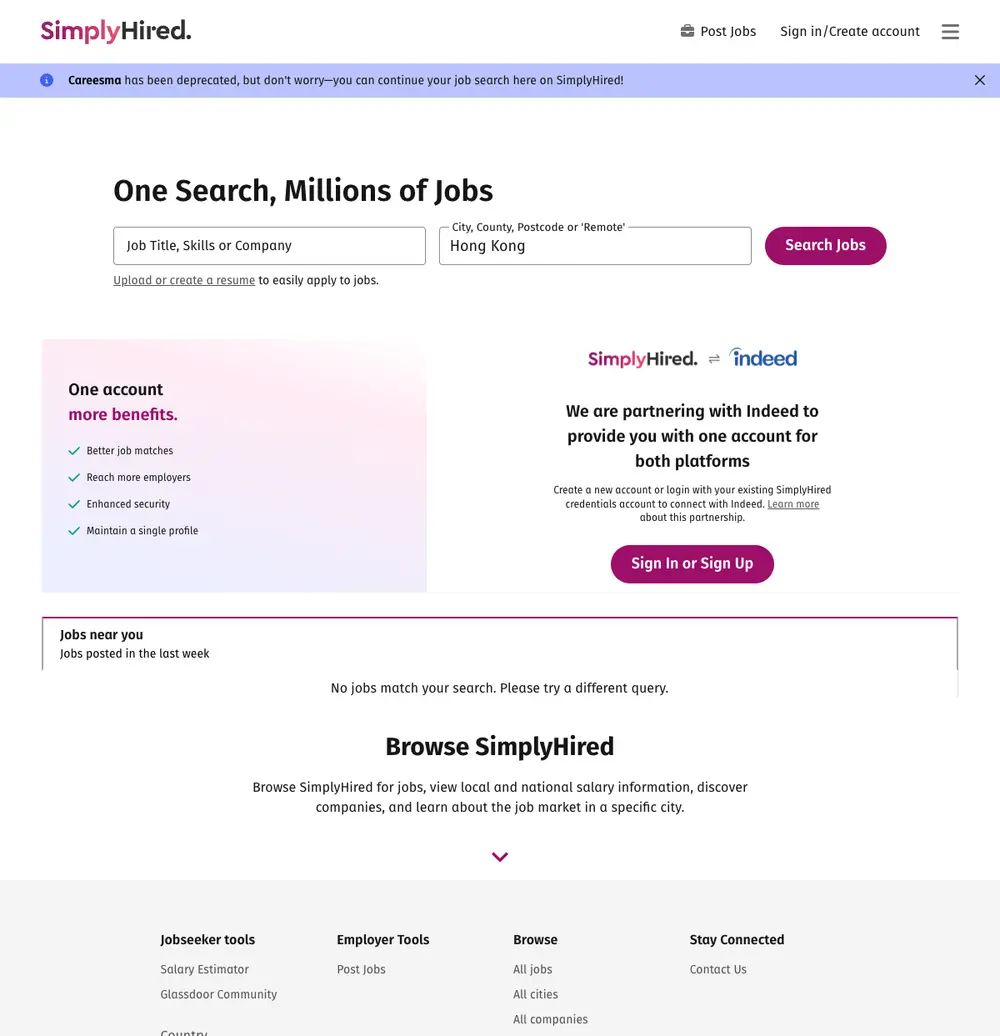 SimplyHired India job board platform screenshot showing job search interface