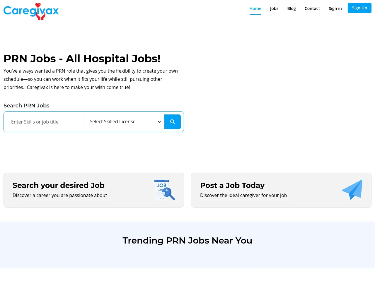 Caregivax job board platform screenshot showing job search interface