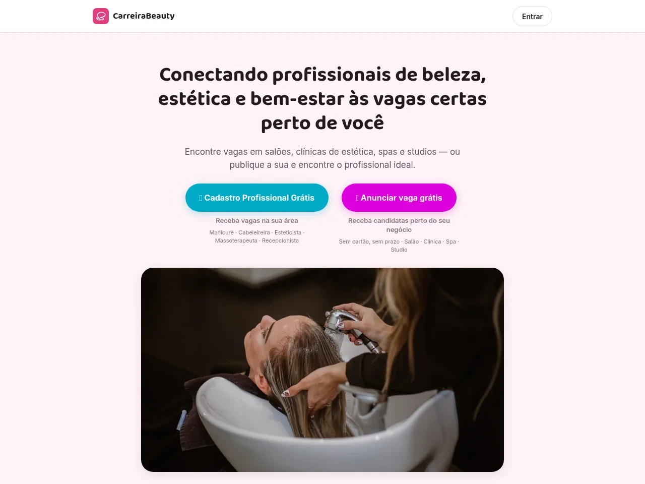 CarreiraBeauty job board platform screenshot showing job search interface